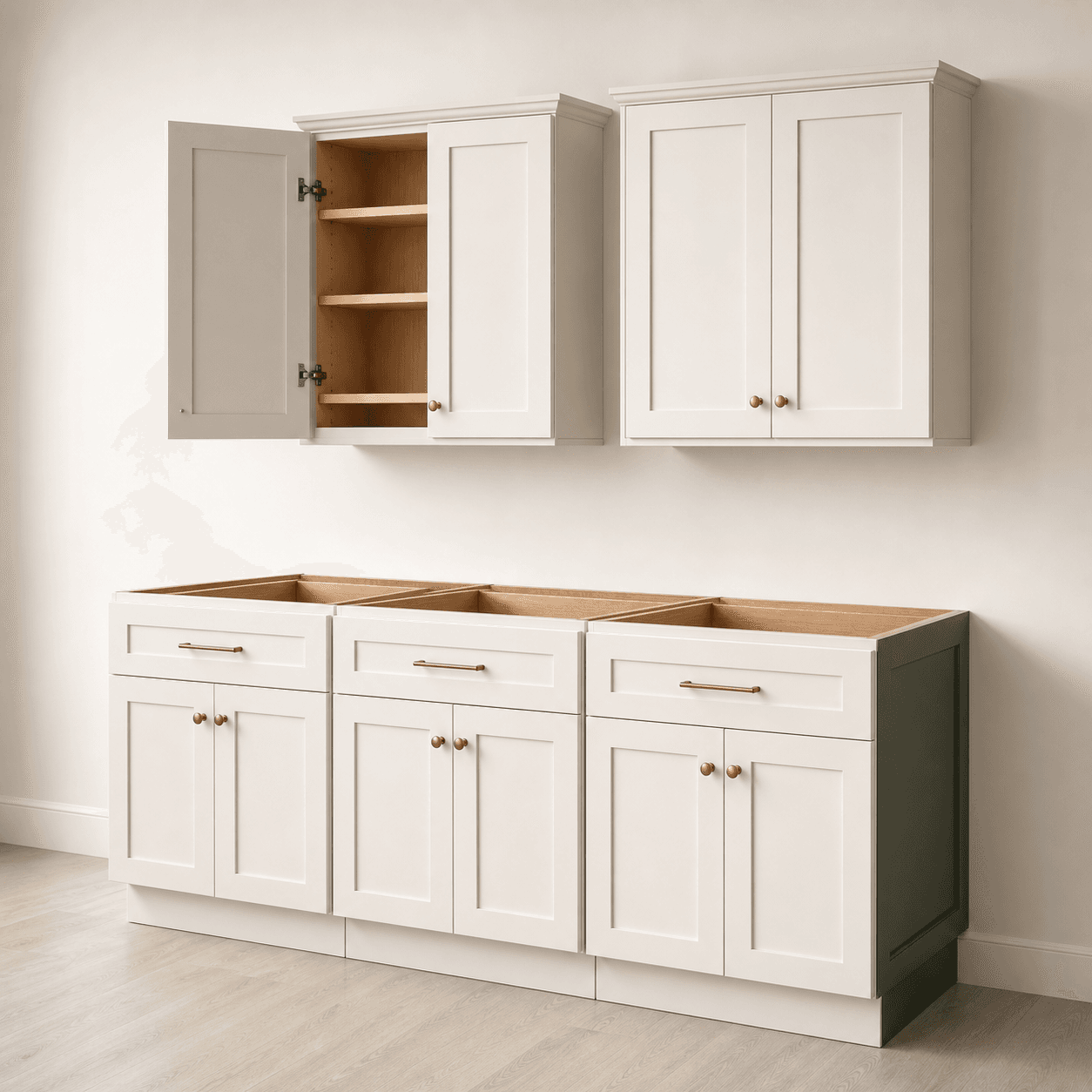 Warm white full-access wall and base cabinets