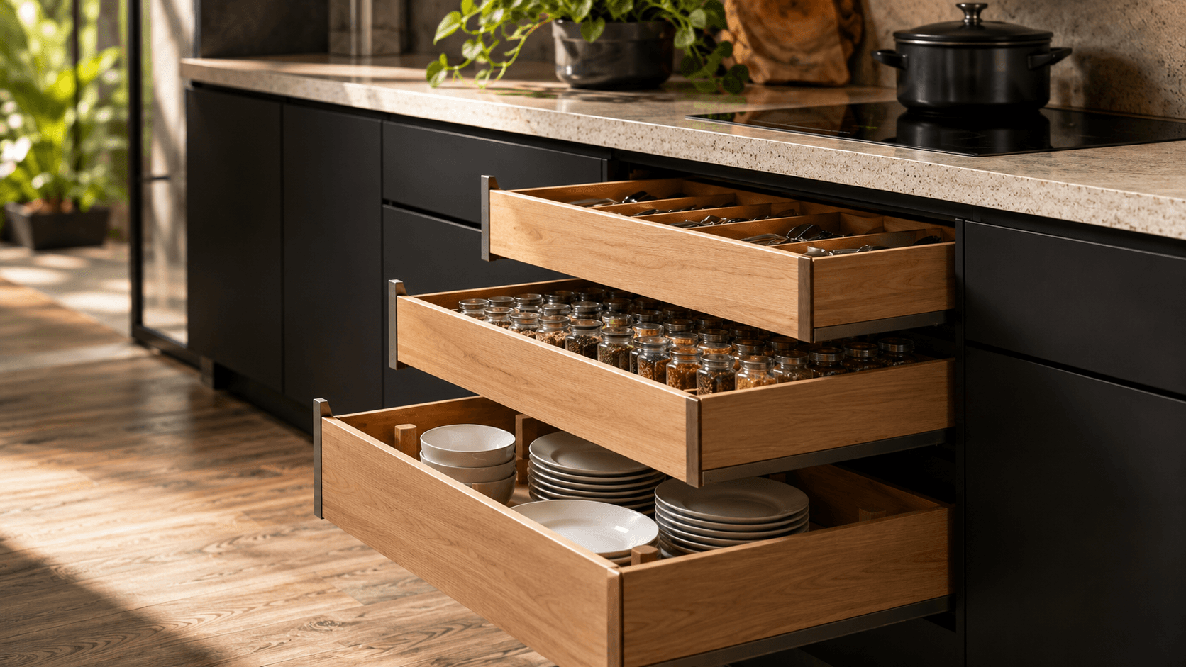 Deep wood pull-out drawers organizing a kitchen cabinet