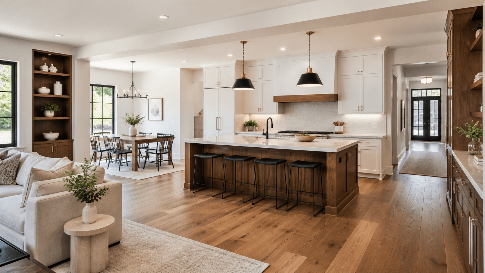 Remodeled open-plan home with custom kitchen, dining and living spaces