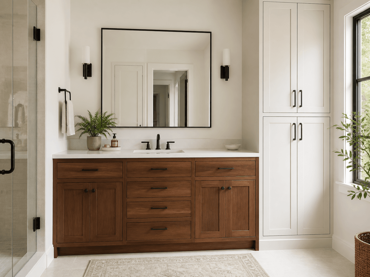 Remodeled bathroom with walnut vanity and white linen cabinetry