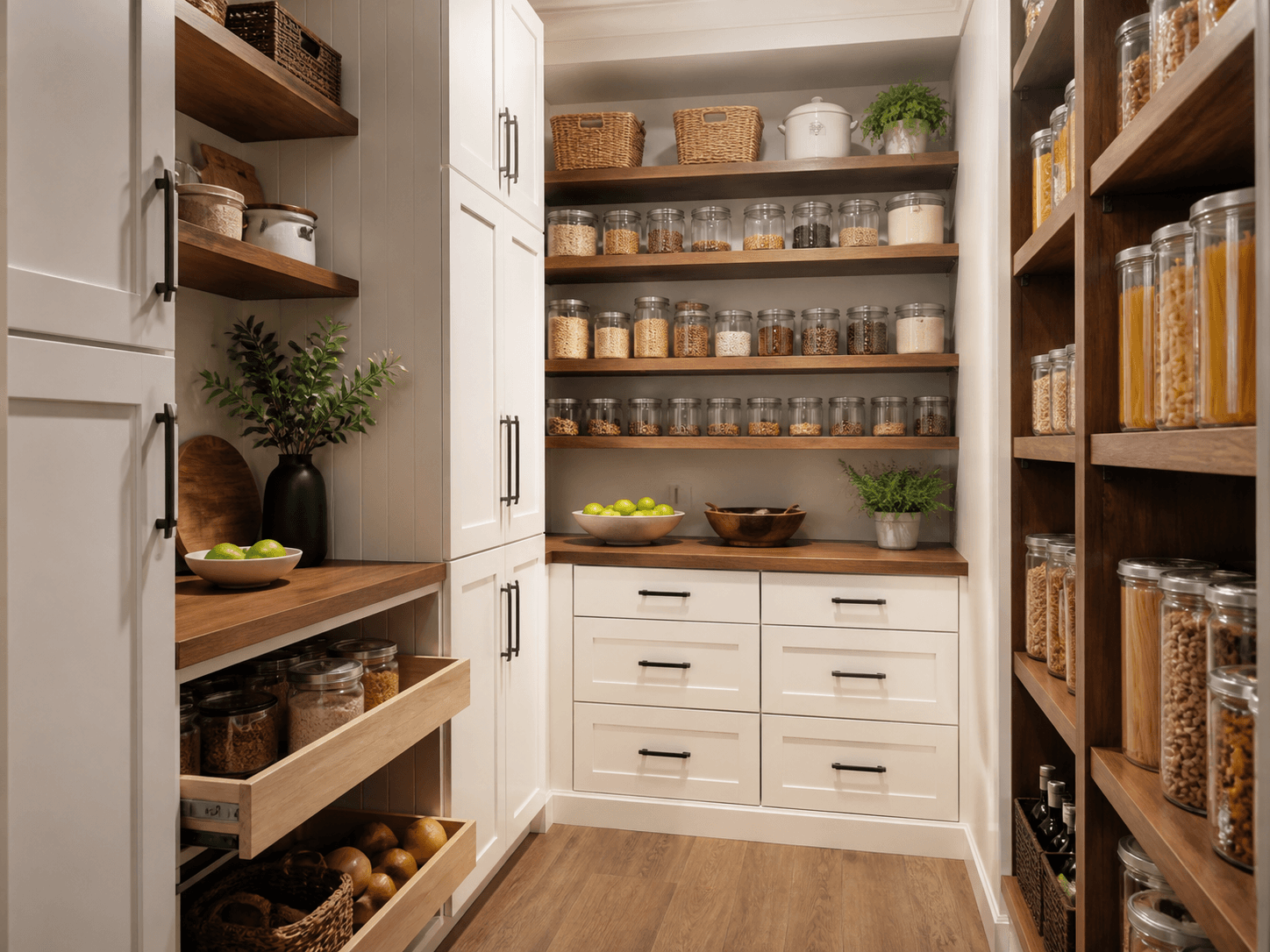 Organized pantry with cabinets, shelves and pull-out storage